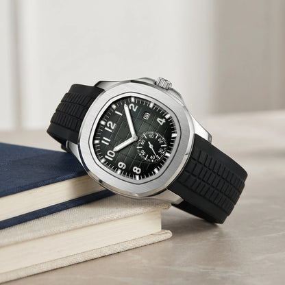 Black strap sport watch on a stack of books