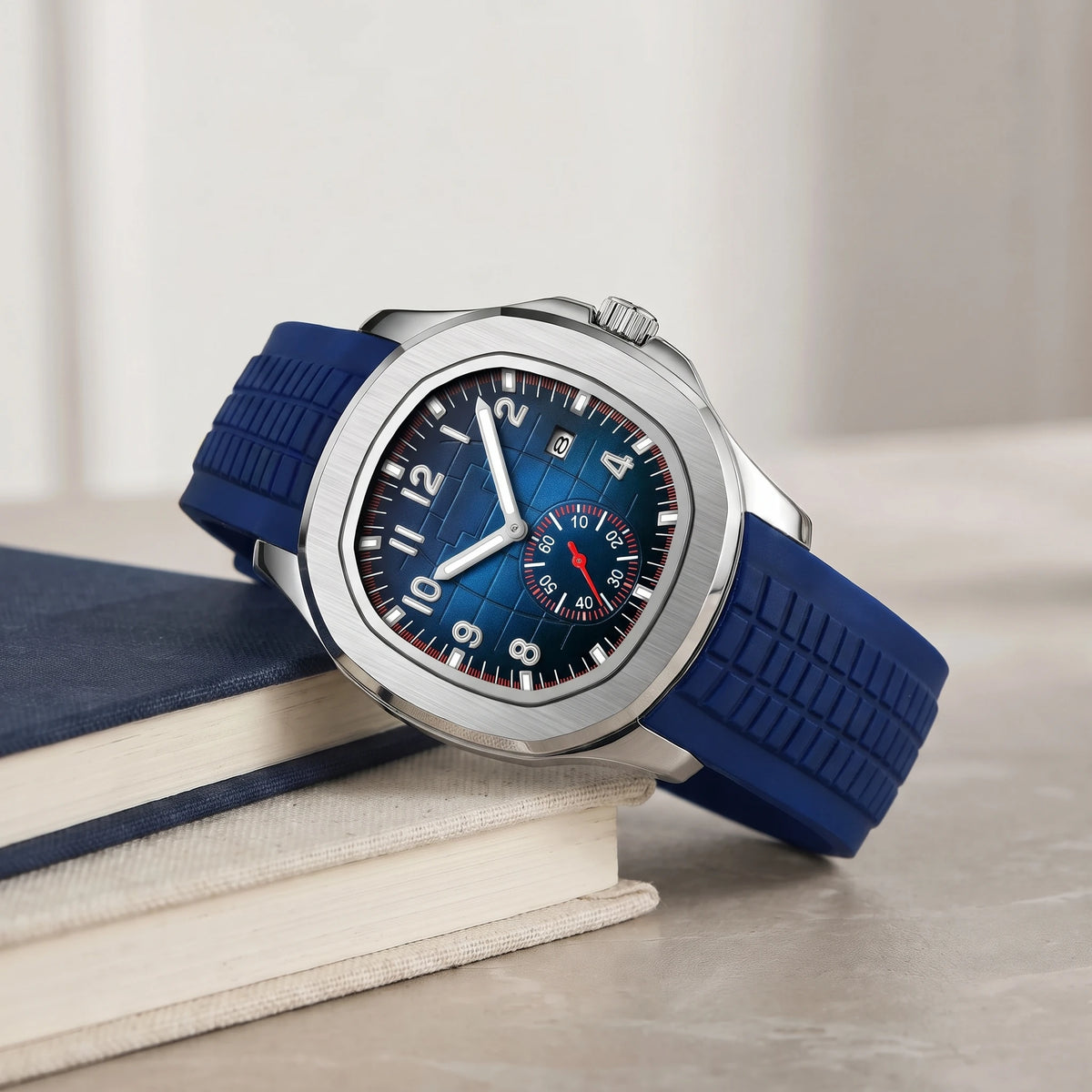 Blue strap sport watch on a stack of books