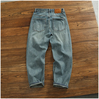 Heavy chunky jeans men vintage do old wash dark vertical texture of loose straight leg denim pants