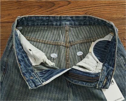 Heavy chunky jeans men vintage do old wash dark vertical texture of loose straight leg denim pants