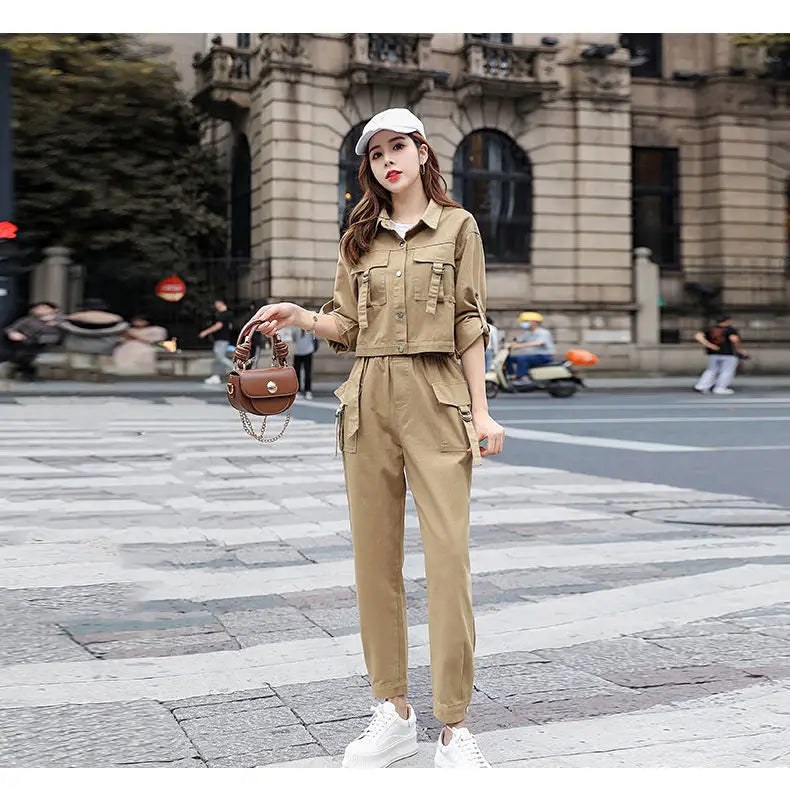 JOEVILU 2PCS Streetwear Tracksuit Cargo Coat Casual Pants 2 Piece Sets Women's Outfits Spring and Autumn Korean Fashion Y2k Suit