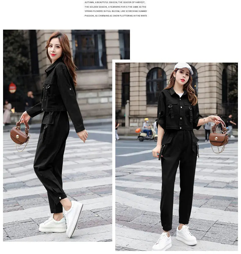 JOEVILU 2PCS Streetwear Tracksuit Cargo Coat Casual Pants 2 Piece Sets Women's Outfits Spring and Autumn Korean Fashion Y2k Suit