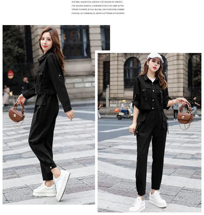 JOEVILU 2PCS Streetwear Tracksuit Cargo Coat Casual Pants 2 Piece Sets Women's Outfits Spring and Autumn Korean Fashion Y2k Suit