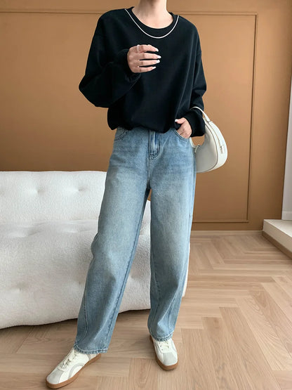 Curved Knife Cut Wide Leg Loose Jeans Look Slimmer 2024 Autumn Denim Pant