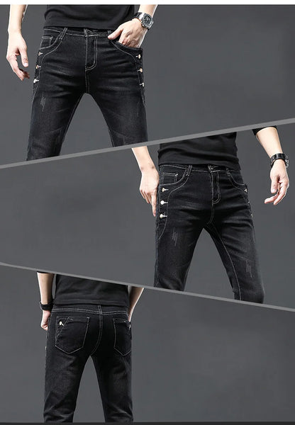 Classic Slim Vintage Fashion Men's Designer Jeans Snowflake Grey Wash Korean Fashion Stretch Pants Multi-button Denim Trousers