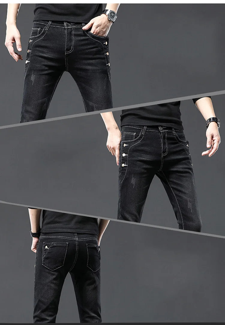 Classic Slim Vintage Fashion Men's Designer Jeans Snowflake Grey Wash Korean Fashion Stretch Pants Multi-button Denim Trousers
