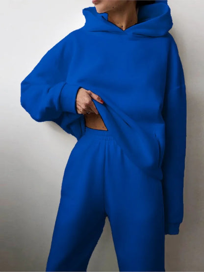Autumn Winter Casual Thickened Sports Hooded Sweatshirt Trousers Suit Women's Fashion Loose Pocket Female Trousers 2 Pieces Set