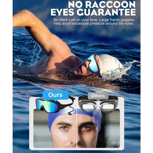 Swim Goggles with Ear Plugs UV Protection No Leaking Anti Fog Lens Swimming Glasses Wide Blue Light Blocking Comfortable Eyewear