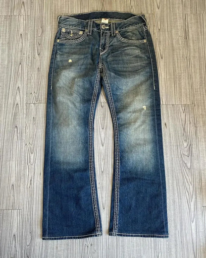 Y2K New Blue Jeans with Retro Pocket Embroidery Design for Men's Women's Street Hip Hop Harajuku High Waist Wide Leg Loose Pants