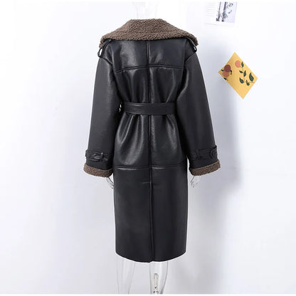 Vintage Faux Pu Leather Winter Jackets Women Casual Patchwork Lace Up Full Sleeve Female Coat Turn-down Collar Ladies Outwears