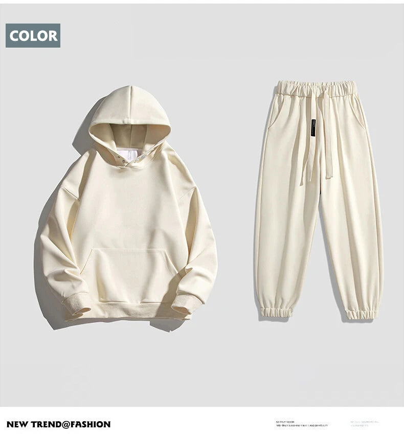 Spring Autumn Men Suit Thickened Warm Windproof Hooded Long Sleeve Trouser Solid Color Casual Sports Two Piece Running Sport Set