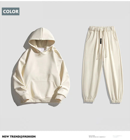 Spring Autumn Men Suit Thickened Warm Windproof Hooded Long Sleeve Trouser Solid Color Casual Sports Two Piece Running Sport Set