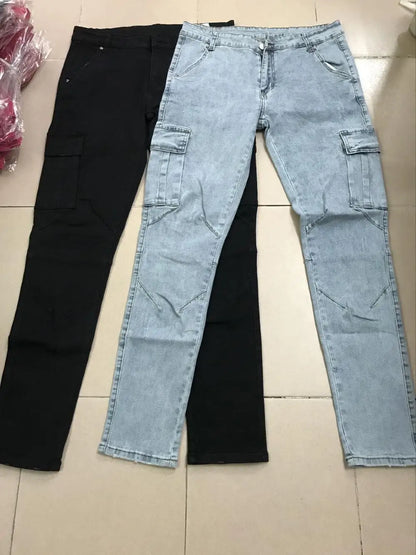 Jeans Men Pants Wash Solid Color Multi Pockets Denim Mid Waist Cargo Jeans Plus Size Fahsion Casual Trousers Male Daily Wear