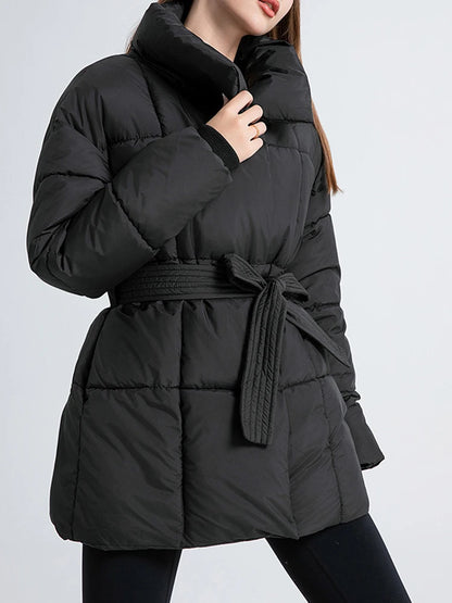 LANMREM Women's Parkas Solid Color Warm Cotton Padded Coat Jacket Belt Gathered Waist Female Fashion Winter Clothing 2DB1775