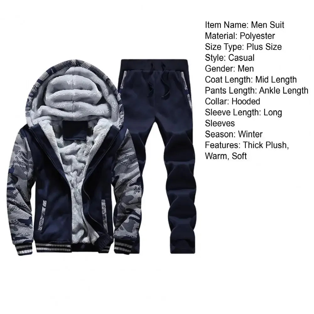 New Fleece Men Set Fashion Brand Tracksuit Lined Thick Sweatshirt + Pants Sportswear Suit Male Winter Warm Hooded Outerwear Suit