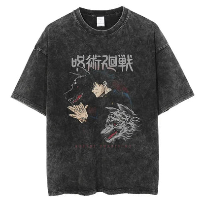 Vintage Anime Printed Washed T-shirt Men Women Cotton T Shirt Hip Hop Streetwear Summer Crew Neck Retro Short Sleeve Tees Tops