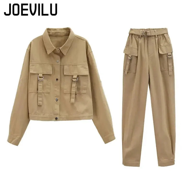 JOEVILU 2PCS Streetwear Tracksuit Cargo Coat Casual Pants 2 Piece Sets Women's Outfits Spring and Autumn Korean Fashion Y2k Suit