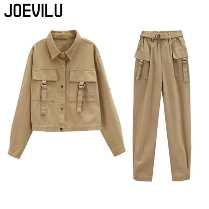 JOEVILU 2PCS Streetwear Tracksuit Cargo Coat Casual Pants 2 Piece Sets Women's Outfits Spring and Autumn Korean Fashion Y2k Suit