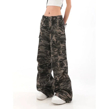 American Retro High Street Casual Overalls Camouflage Loose Wide Leg Pants For Women Y2k Hip-hop Cargo Grunge Baggy Trousers
