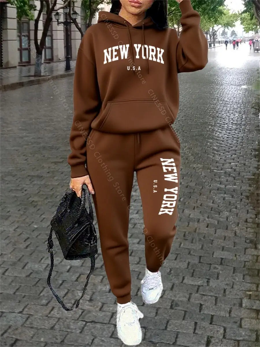 NEW YORK Women Sweatsuit Autumn Winter Two Piece Set Hoodie Pants High quality Loose Fashion Streetwear Ladies Tracksuit Outfits