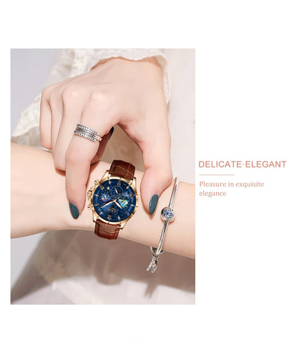 LIGE Women Watches Fashion Luxury Quartz Leather Strap Moon Phase Waterproof Luminous Wristwatch Date Business Casual Lady Clock
