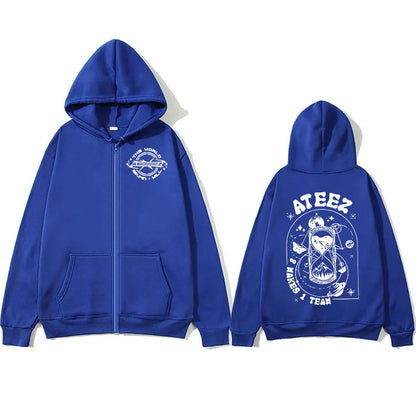 Korean Ateez Fin Wjll Album Concert 2024 Zipper Hoodie Men's Women Hip Hop Pullover Oversized Zip Up Sweatshirt Coats Streetwear