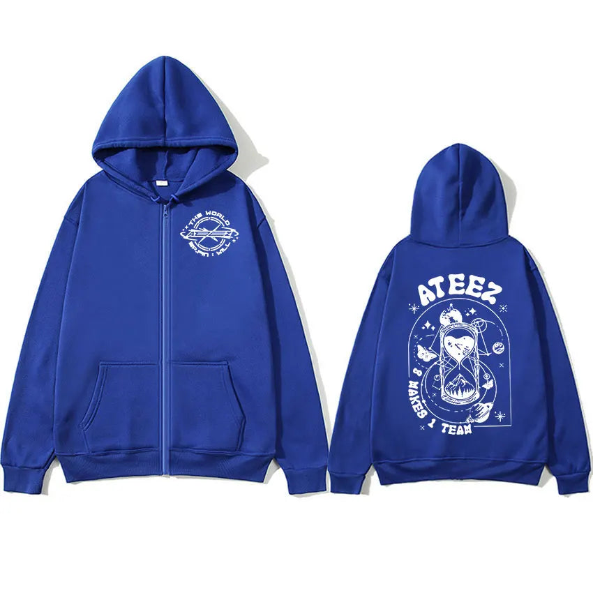 Korean Ateez Fin Wjll Album Concert 2024 Zipper Hoodie Men's Women Hip Hop Pullover Oversized Zip Up Sweatshirt Coats Streetwear
