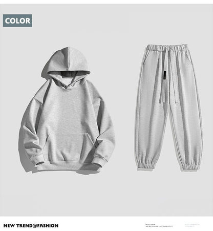 Spring Autumn Men Suit Thickened Warm Windproof Hooded Long Sleeve Trouser Solid Color Casual Sports Two Piece Running Sport Set