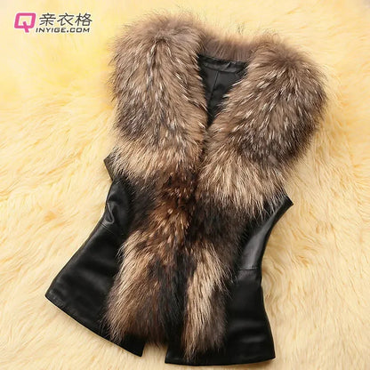 Women Leather Jacket Fur Collar Stitching Simulation Leather Oversized Raccoon Autumn Winter Solid Color Sleeveless Vest Coat