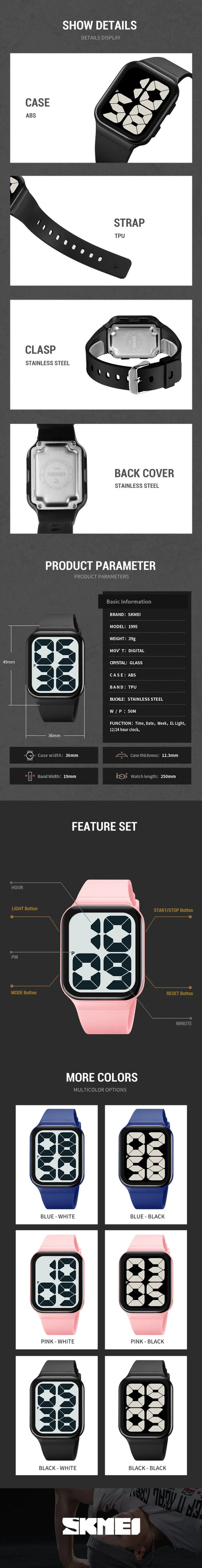 SKMEI 1995 Luxury Digital Watch for Sport Women Men Waterproof Electronic LED Display Wristwatches Boy Girl Clock Reloj Hombre