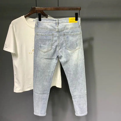Summer Autumn Korean Designer Luxury Clothing Embroidered Slim Pencil Jeans Men Vintage Washed Casual Streetwear Cotton Trousers