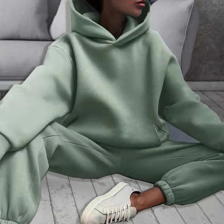 Autumn Winter Casual Thickened Sports Hooded Sweatshirt Trousers Suit Women's Fashion Loose Pocket Female Trousers 2 Pieces Set