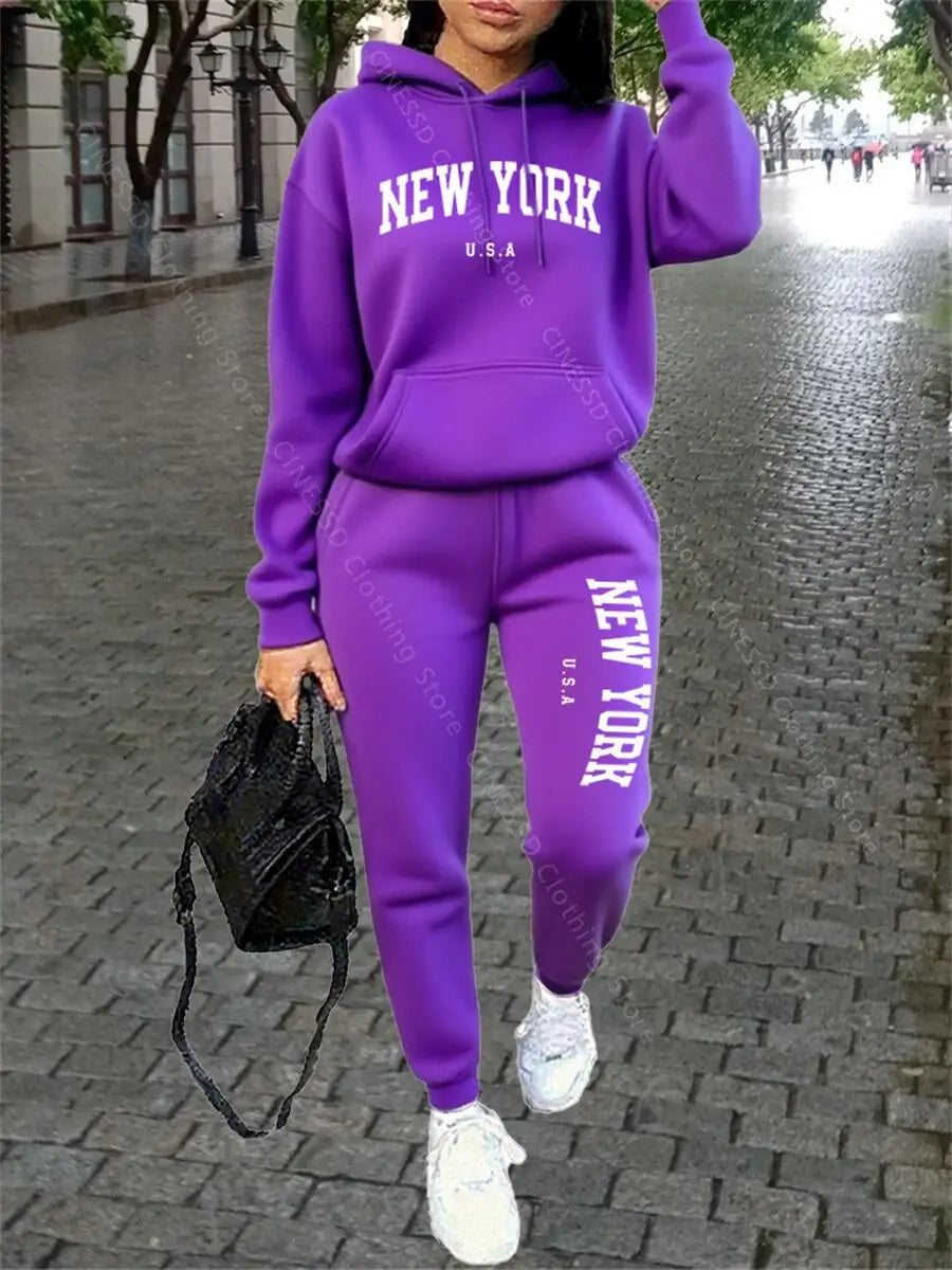 NEW YORK Women Sweatsuit Autumn Winter Two Piece Set Hoodie Pants High quality Loose Fashion Streetwear Ladies Tracksuit Outfits