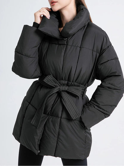 LANMREM Women's Parkas Solid Color Warm Cotton Padded Coat Jacket Belt Gathered Waist Female Fashion Winter Clothing 2DB1775
