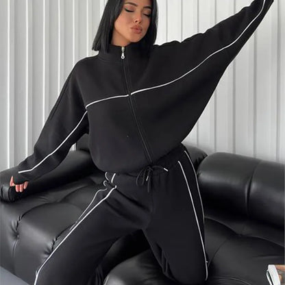 Jacket Women Tracksuit Wide Leg Pants Two Pieces Set Half High Neck Zippers Cardigan Outerwear Drawstring Pockets Matching Set
