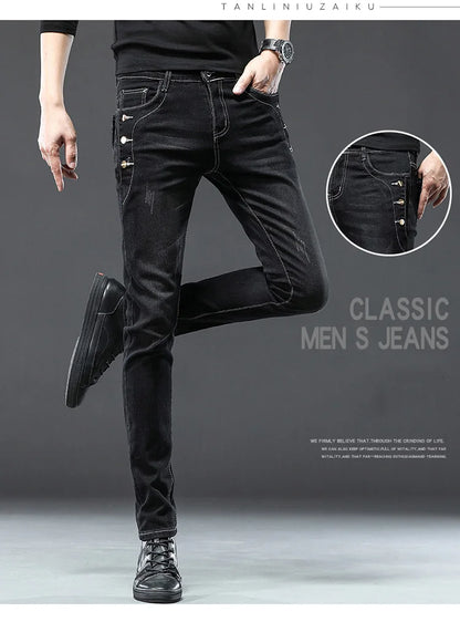 Classic Slim Vintage Fashion Men's Designer Jeans Snowflake Grey Wash Korean Fashion Stretch Pants Multi-button Denim Trousers
