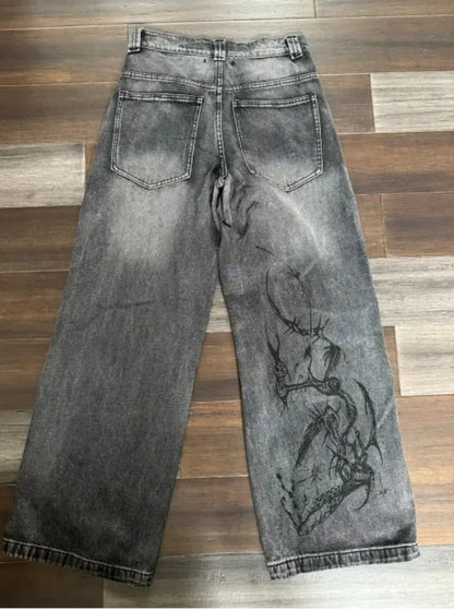 2024 New American Trend Retro Hip-hop Embroidery Pattern Baggy Jeans For Men And Women Y2K Harajuku Gothic Wide Pants Streetwear
