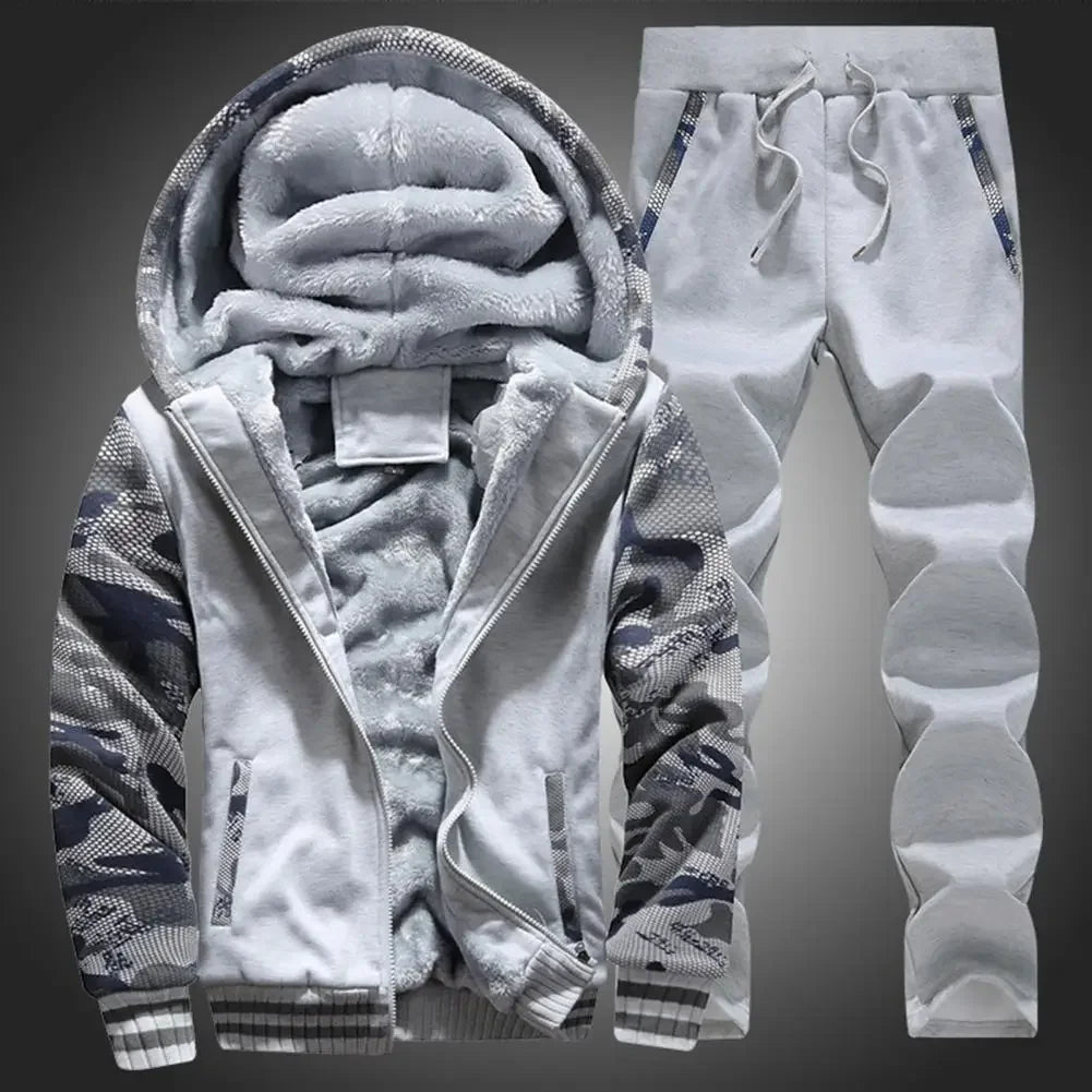 New Fleece Men Set Fashion Brand Tracksuit Lined Thick Sweatshirt + Pants Sportswear Suit Male Winter Warm Hooded Outerwear Suit
