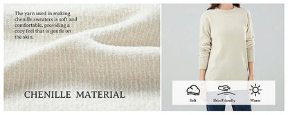 Chenille Sweater for Women O Neck Pullovers Ribbed Cuff Long Sleeve Knitted Tops Women Solid Sweater 2024 Cozy Sweaters Jumpers