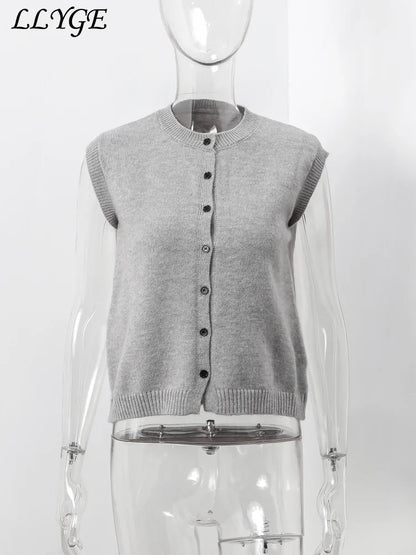 Casual Knitted Single Breasted Vest Women Loose Solid O Neck Sleeveless Female Waistcoat 2024 Autumn Lady All-match Streetwear