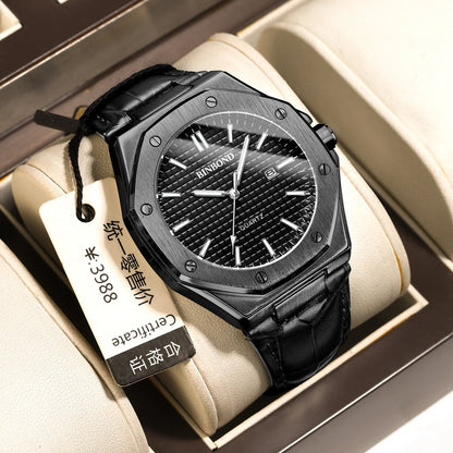BINBOND Men's Watches Top Fashion Original Quartz Wrstwatch for Man Precision Steel Case Textured Dial Leather Strap Waterproof