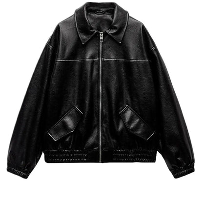 Womens Faux Leather Jacket Long Sleeve Zip Up Casual Bomber Motorcycle Biker Coat