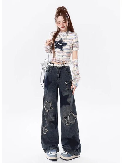 American Retro Jeans Five-point Star Raw Edge Splicing Loose Wide-leg Jeans Women Look Thin Trendy All-match Mopping Pants Women