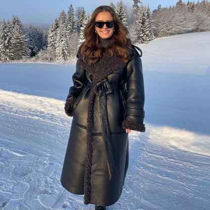 Vintage Faux Pu Leather Winter Jackets Women Casual Patchwork Lace Up Full Sleeve Female Coat Turn-down Collar Ladies Outwears
