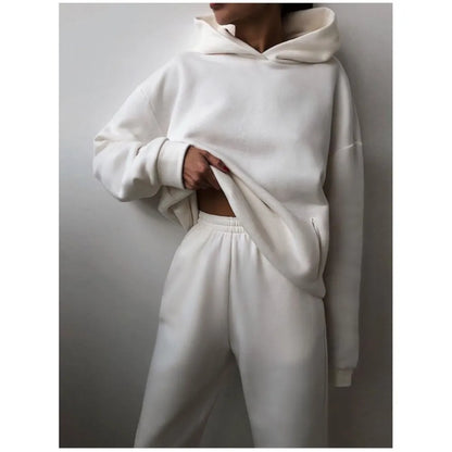 Autumn Winter Casual Thickened Sports Hooded Sweatshirt Trousers Suit Women's Fashion Loose Pocket Female Trousers 2 Pieces Set