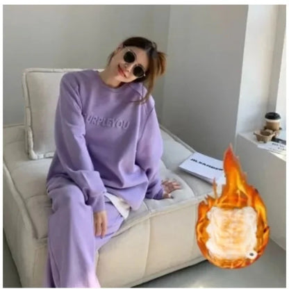 Large Size Velvet Thickened Sports and Leisure Suit Women's Autumn and Winter New Fashion Loose Sweater Trousers Two-piece Set