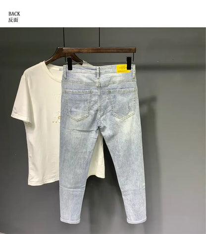 Summer Autumn Korean Designer Luxury Clothing Embroidered Slim Pencil Jeans Men Vintage Washed Casual Streetwear Cotton Trousers