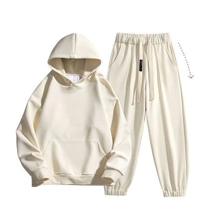 Spring Autumn Men Suit Thickened Warm Windproof Hooded Long Sleeve Trouser Solid Color Casual Sports Two Piece Running Sport Set
