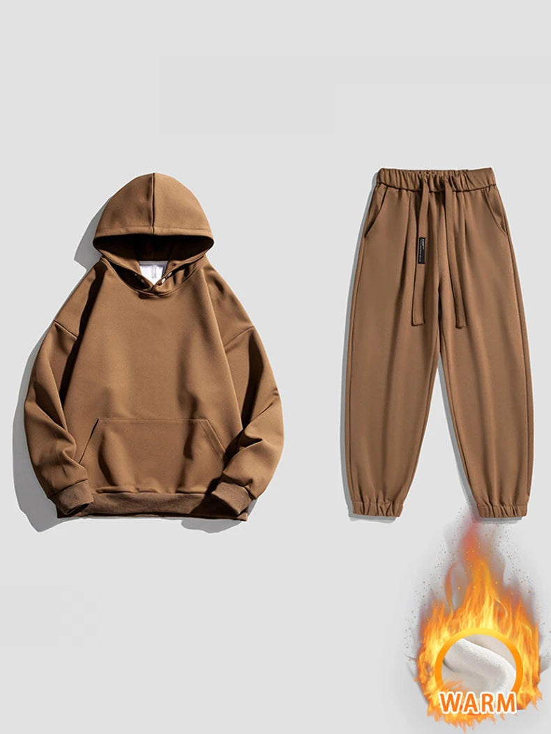 Spring Autumn Men Suit Thickened Warm Windproof Hooded Long Sleeve Trouser Solid Color Casual Sports Two Piece Running Sport Set