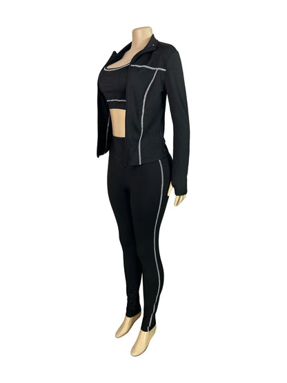 Weird Puss Casual 3 Piece Set Women Tracksuit Elastic Vest+Zip Jacket+Leggings Matching Street Sporty Fitness Street Shapewear